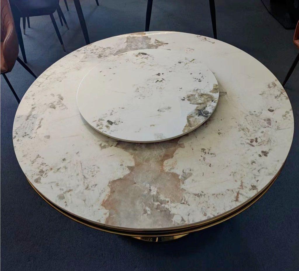 Earth Round Dining Table Sintered Stone Tabletop Golden Pedestal - Living Design Furniture