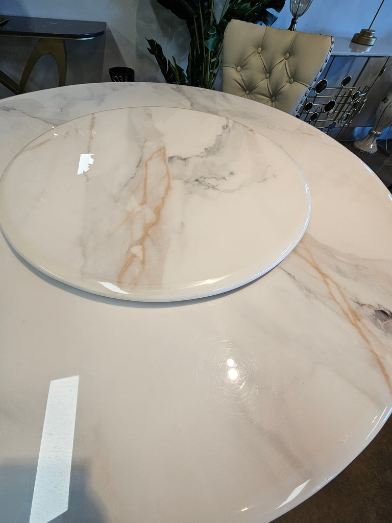 Round dining table with marble top and wooden base 04