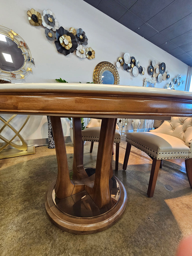 Round dining table with marble top and wooden base 02