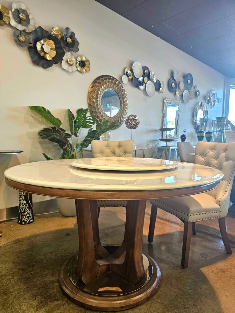 Round dining table with marble top and wooden base 01